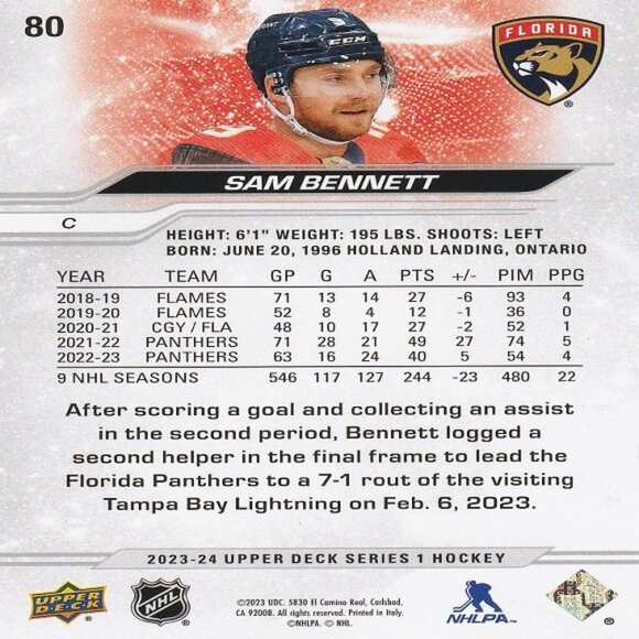 Sam Bennett - 2023/2024 Upper Deck Series 1 Hockey Card - Picture 2 of 2